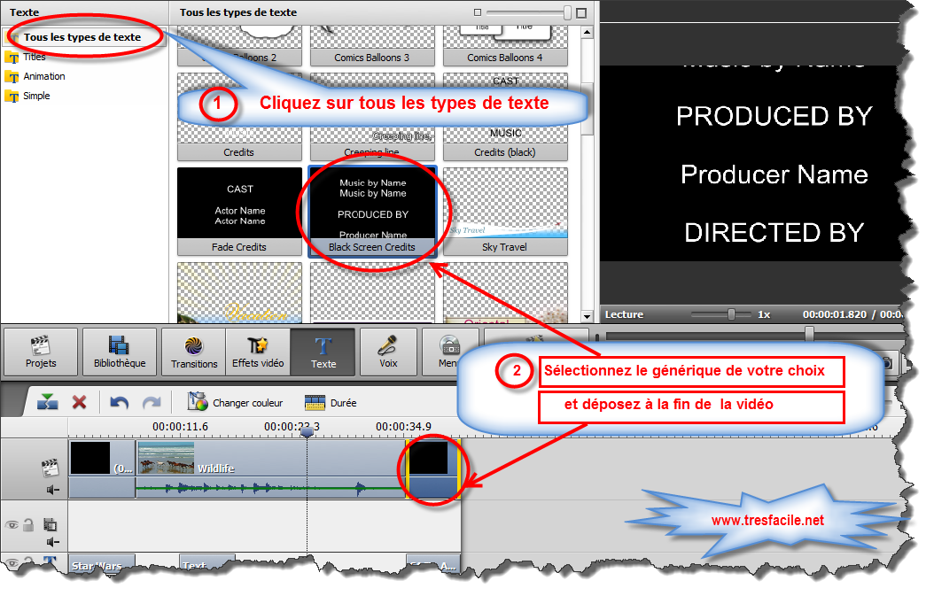 Si vous voulez mettre un texte à la vidéo, avant tout, sélectionnez un des presets disponibles dans l'onglet Dessin en le cliquant avec le bouton droit de la souris et en sélectionnant l'option Appliquer (s'il n'y a pas encore de texte sur la vidéo) ou l'option Ajouter (si vous voulez ajouter encore un texte à la vidéo) du menu contextuel. Vous pouvez aussi faites glisser le preset désiré et le déposer sur écran de prévisualisation de la fenêtre d'éditon.