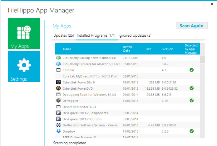FileHippo App Manager is an excellent application that keeps your system up-to-date. FileHippo App Manager examines the applications installed on your computer, checks the versions and sends this data to FileHippo.com to check for new versions available.
