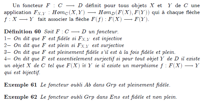 19-foncteur-plein-pleinement-fidèle : Foncteurs fidèles, pleins Un foncteur F:C→D définit pour tous objets X et Y de C une application F_{X,Y}:Hom_{C}(X,Y)→Hom_{D}(F(X),F(Y)) qui à chaque flèche f:X→Y fait associer la flèche F(f):F(X)→F(Y). <definition/>Soit F:C→D un foncteur. 1- On dit que F est fidèle si F_{X,Y} est injective 2- On dit que F est plein si F_{X,Y} est surjective 3- On dit que F est pleinement fidèle s'il est à la fois fidèle et plein. 4- On dit que F est essentielement surjectif si pour tout objet Y de D il existe un objet X de C tel que F(X)≅Y ie il existe un morphisme f:F(X)→Y qui est bijectif. Un foncteur fidèle n'a pas nécessairement besoin d'être injectif sur les objets ou les morphismes des catégories mises en jeu. Deux objets X et X′ peuvent s'envoyer sur le même objet dans D (c'est la raison pour laquelle l'image d'un foncteur pleinement fidèle n'est pas forcément isomorphe à son domaine), et deux morphismes f : X → Y et f′ : X′ → Y′ peuvent s'envoyer sur le même morphisme dans D. De la même manière, un foncteur plein n'est pas forcément surjectif sur les objets ou sur les morphismes. Il peut y avoir des objets de D qui ne sont pas de la forme FX avec X dans C, et des morphismes entre ces objets ne peuvent alors par être image d'un morphisme de C.