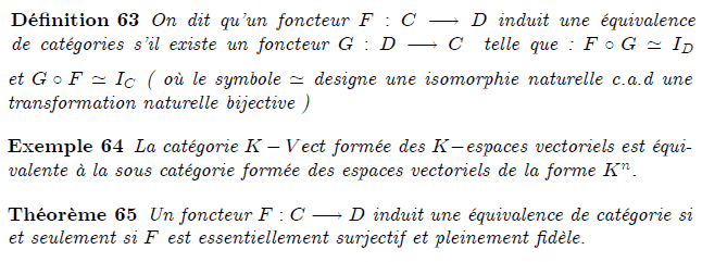 20-equivalence-de-categories : Une équivalence de catégories est un foncteur entre deux catégories, qui prend compte formellement du fait que ces catégories rendent compte d'une même structure : on dit alors que les catégories sont équivalentes. À la différence de la notion d'isomorphisme de catégories, la notion d'équivalence est moins rigide, plus pratique et plus courante. La notion d'équivalence de catégories rend compte, de manière unifiée, de nombreuses dualités observées dans plusieurs pans de l'algèbre et de l'analyse. Une équivalence de catégorie indique que de nombreuses propriétés se conservent d'une catégorie à l'autre au travers du foncteur d'équivalence. En particulier, mais pas exclusivement : les objets initiaux et terminaux, les mono-, épi- et isomorphismes, les limites et colimites, égalisateurs, produits… En particulier, un foncteur qui réalise une équivalence de catégories est exact.