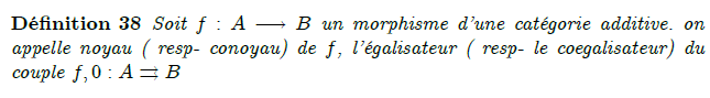 24-noyaux-conoyaux : Difference kernels A binary equaliser (that is, an equaliser of just two functions) is also called a difference kernel. This may also be denoted DiffKer(f,g), Ker(f,g), or Ker(f − g). The last notation shows where this terminology comes from, and why it is most common in the context of abstract algebra: The difference kernel of f and g is simply the kernel of the difference f − g. Furthermore, the kernel of a single function f can be reconstructed as the difference kernel Eq(f,0), where 0 is the constant function with value zero. Of course, all of this presumes an algebraic context where the kernel of a function is its preimage under zero; that is not true in all situations. However, the terminology "difference kernel" has no other meaning.