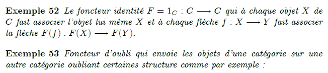 26-exemples-de-foncteurs : Exemples Le foncteur identité d'une catégorie C, souvent noté 1C ou idC : C → C, qui envoie chaque objet ou morphisme de C sur lui-même. Les foncteurs d'oubli qui envoient les objets d'une catégorie sur des objets d'une autre catégorie en « oubliant » certaines propriétés de ces objets : le foncteur de Ab dans Grp qui à un groupe abélien associe le groupe lui-même, mais dans la catégorie qui contient aussi les groupes non abéliens (on a « oublié » le fait que le groupe est abélien) ; le foncteur de Grp dans Set qui à un groupe associe son ensemble sous-jacent (on a « oublié » la structure de groupe). Pour tout objet X d'une catégorie C localement petite, les deux foncteurs Hom : C → Set : Y ↦ Hom (X, Y) (covariant) et Y ↦ Hom (Y, X) (contravariant). Entre deux monoïdes (qui sont des catégories à un seul objet), les foncteurs covariants sont simplement les morphismes de monoïdes. Propriétés de foncteurs Foncteurs fidèles, pleins, pleinement fidèles Article détaillé : Foncteur plein et fidèle. On dit qu'un foncteur F : C → D est : fidèle si deux morphismes f, g : X → Y dans C sont égaux dès que leurs images F(f), F(g) : F(X) → F(Y) dans D le sont ; plein si tout morphisme F(X) → F(Y) est égal à un F(f) ; pleinement fidèle s'il est à la fois fidèle et plein. Exemples Un morphisme de monoïdes (cf. dernier exemple ci-dessus) est fidèle si et seulement s'il est injectif, et plein si et seulement s'il est surjectif. Le foncteur d'oubli de Ab dans Grp est pleinement fidèle. Le foncteur d'oubli de Grp dans Set est fidèle (mais pas plein) ; plus généralement, si F est l'inclusion d'une sous-catégorie C dans une catégorie D, alors il est fidèle.