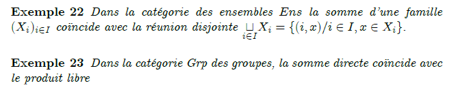 exemple-de-somme-et-produit-direct-dans-une-categorie : La somme indexée par l'ensemble vide est l'objet initial. Dans la catégorie des ensembles, la somme est la réunion disjointe. La réunion disjointe de la famille (X_i)_{i\in I} est l'ensemble des couples (i,x) où x\in X_i avec \varphi_i : x \mapsto (i,x). Dans la catégorie des espaces topologiques, la somme topologique existe et commute avec le foncteur d'oubli. Elle s'obtient en munissant l'ensemble ci-dessus d'une topologie adéquate. Dans la catégorie des groupes, la somme s'appelle produit libre. Elle ne commute pas avec le foncteur d'oubli. Dans la catégorie des modules sur un anneau fixé, la somme est la somme directe externe. Elle ne commute pas avec le foncteur d'oubli. On peut raffiner la notion de somme avec la somme amalgamée.