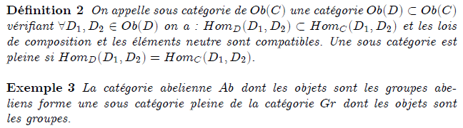 sous catégorie, sous catégorie pleine , Une catégorie \mathcal C, dans le langage de la théorie des classes, est la donnée de quatre éléments : une classe dont les éléments sont appelés objets ; une classe dont les éléments sont appelés morphismes et deux « fonctions » (au sens : classes fonctionnelles) appelées source et but, de la classe des morphismes dans celle des objets ; f : A → B signifie que f est un morphisme « de A dans B » 