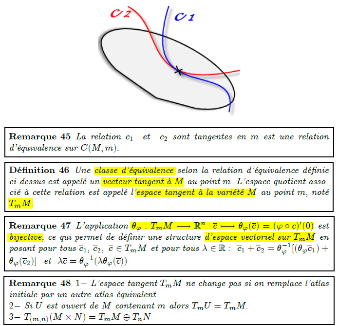 La relation c₁  et  c₂ sont tangentes en m est une relation d'équivalence sur C(M,m).  <definition/>Une classe d'équivalence selon la relation d'équivalence définie ci-dessus est appelé un vecteur tangent à M au point m. L'espace quotient associé à cette relation est appelé l'espace tangent à la variété M au point m, noté T_{m}M.  <remark/>L'application θ_{ϕ}:T_{m}M→ℝⁿ  c↦θ_{ϕ}(c)=(ϕ∘c)′(0) est bijective, ce qui permet de définir une structure d'espace vectoriel sur T_{m}M en posant pour tous c₁, c₂, c ∈T_{m}M et pour tous λ∈ℝ:  c₁+c₂=θ_{ϕ}⁻¹[(θ_{ϕ}c₁)+θ_{ϕ}(c₂)]  et  λc=θ_{ϕ}⁻¹(λθ_{ϕ}(c)) <remark/>1- L'espace tangent T_{m}M ne change pas si on remplace l'atlas initiale par un autre atlas équivalent. 2- Si U est ouvert de M contenant m alors T_{m}U=T_{m}M. 3- T_{(m,n)}(M×N)=T_{m}M⊕T_{n}N