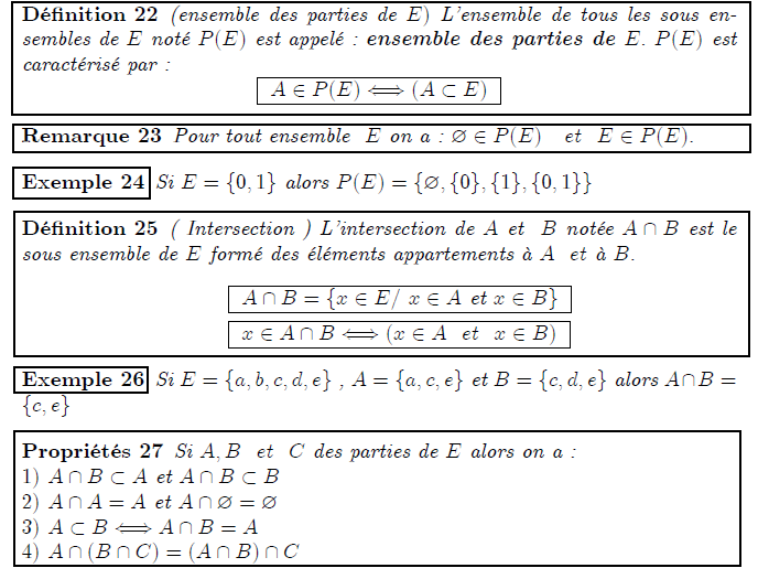  <definition/>(ensemble des parties de E) L'ensemble de tous les sous ensembles de E noté P(E) est appelé : ensemble des parties de E. P(E) est caractérisé par : <K1.1/> <K1.1 ilk="TABLE" > A∈P(E)⇔(A⊂E) </K1.1> <remark/>Pour tout ensemble E on a : ∈P(E) et E∈P(E). <example/>Si E={0,1} alors P(E)={,{0},{1},{0,1}} <definition/>( Intersection ) L'intersection de A et B notée A∩B est le sous ensemble de E formé des éléments appartements à A et à B. <K1.1/> <K1.2/> <K1.1 ilk="TABLE" > A∩B={x∈E/ x∈A et x∈B} </K1.1> <K1.2 ilk="TABLE" > x∈A∩B⇔(x∈A et x∈B) </K1.2> <example/>Si E={a,b,c,d,e} , A={a,c,e} et B={c,d,e} alors A∩B={c,e} <propriete/>Si A,B et C des parties de E alors on a : 1) A∩B⊂A et A∩B⊂B 2) A∩A=A et A∩= 3) A⊂B⇔A∩B=A 4) A∩(B∩C)=(A∩B)∩C
