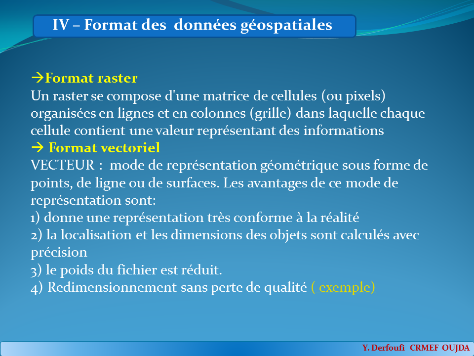 Format raster Un raster se compose d'une matrice de cellules (ou pixels) organisées en lignes et en colonnes (grille) dans laquelle chaque cellule contient une valeur représentant des informations Format vectoriel VECTEUR : mode de représentation géométrique sous forme de points, de ligne ou de surfaces. Les avantages de ce mode de représentation sont:1) donne une représentation très conforme à la réalité2) la localisation et les dimensions des objets sont calculés avec précision3) le poids du fichier est réduit. 4) Redimensionnement sans perte de qualité ( exemple)
