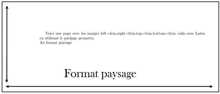 Orientation de la page Quand vous entendez parler de changement d'orientation de la page, cela évoque habituellement un passage au format à l'italienne, ou paysage, le mode portrait étant celui par défaut. Nous présentons deux façons légèrement différentes de changer l'orientation de la page. La première est celle qui consiste à placer tout votre document en mode paysage dès le début. Il existe diverses extensions pour réaliser ce changement, mais le plus simple est l'extension geometry. Il suffit pour l'utiliser, d'inclure cette extension avec l'option landscape (paysage). \usepackage[landscape]{geometry} Si de plus vous avez l'intention d'employer l'extension geometry avec une option pour fixer la taille de la page, n'exécutez surtout pas la commande \usepackage deux fois, mais regroupez simplement toutes les options ensemble, en les séparant par des virgules : \usepackage[a4paper,landscape]{geometry}