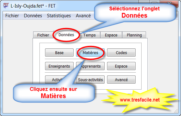 uelle est l'organisation des données FET saisies ? R : - Apprenants - organisés en jeux (années (ou formations, ou classes), contenant des groupes, contenant des sous-groupes). - Enseignants. - Matières (les noms des cours possibles, par exemple : Mathématiques, Physiques, etc.). - Codes activités (vous pouvez les utiliser ou non selon vos souhaits : le type d'activité : labo, cours, séminaire ou tout autre information attachée à une activité). - Salles (salles de classe). - Bâtiments. - Activités : un couplage de un ou plusieurs enseignants, une matière et un ou plusieurs jeux d'apprenants.On appelle cela généralement un cours, une lecture, un laboratoire et ainsi de suite. Une activité peut avoir éventuellement un code activité pour vous aider avec certaines contraintes. - Contraintes. Elles peuvent être : temporelles (faisant référence à un jour ou une heure alloué) ou spatiales (faisant référence à l'allocation de salles). Elles ont un poids en pourcentage, de 0.0 % à 100.0 %. 100.0 % signifie que la contrainte sera toujours respectée et si cette contrainte est impossible, FET ne sera pas capable de générer un planning.
