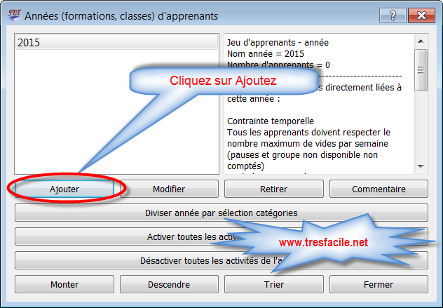 groupe d'apprenants sur FET timetable: Catégorie: Ensemble de groupes qui peuvent avoir des activités simultanément. Classe (division de la première catégorie): Un ensemble d'étudiants qui rencontrent (presque toujours) les mêmes activités. FET éviter d'utiliser le terme de classe, parce que ce terme est utilisé différemment dans le langage familier. Selon le contexte, les élèves disent qu'il visite la classe A ou la classe 1 ou la classe 1A. Dans cet exemple, FET appellera 1 comme année, A comme division d'une catégorie et 1A comme groupe.