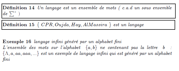 \section{Notion de langage} \begin{definition} Un langage est un ensemble de mots ( c.a.d un sous ensemble de $\sum^{\ast }$ $)$ \end{definition} \begin{definition} $\{$ $CPR,Oujda,Hay,AlMassira$ $\}$ est un langage\newline \end{definition} \begin{example} langage infini g\'{e}n\'{e}r\'{e} par un alphabet fini\newline L'ensemble des mots sur l'alphabet \ $\{a,b\}$ ne contenant pas la lettre \ $% b$ \ : $\{\Lambda ,a,aa,aaa,...\}$ est un exemple de langage infini qui est g% \'{e}n\'{e}r\'{e} par un alphabet fini \end{example}