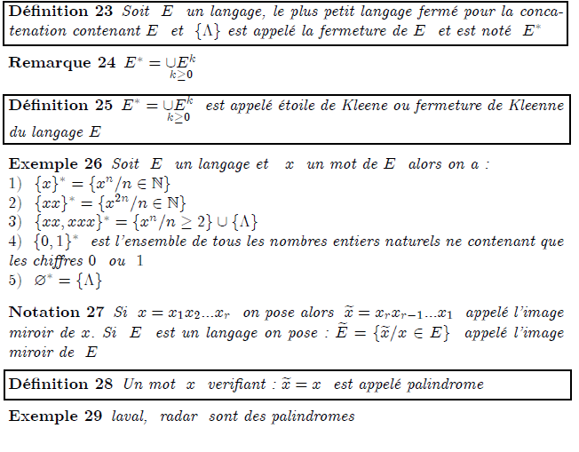 \begin{definition} Soit \ $E$ \ un langage, le plus petit langage ferm\'{e} pour la concatenation contenant $E$ \ et \ $\{\Lambda \}$ est appel\'{e} la fermeture de $E$ \ et est not\'{e} \ $E^{\ast }$ \end{definition} \begin{remark} $E^{\ast }=\underset{k\geq 0}{\cup E^{k}}$ \end{remark} \begin{definition} $E^{\ast }=\underset{k\geq 0}{\cup E^{k}}$ \ est appel\'{e} \'{e}toile de Kleene ou fermeture de Kleenne du langage $E$ \end{definition} \begin{example} Soit \ $E$ \ un langage et \ $\ x$ \ un mot de $E$ \ alors on a:\newline $1)$ $\ \{x\}^{\ast }=\{x^{n}/n\in %TCIMACRO{\U{2115} }% %BeginExpansion \mathbb{N} %EndExpansion \}$\newline $2)$ \ $\{xx\}^{\ast }=\{x^{2n}/n\in %TCIMACRO{\U{2115} }% %BeginExpansion \mathbb{N} %EndExpansion \}$\newline $3)$ \ $\{xx,xxx\}^{\ast }=\{x^{n}/n\geq 2\}\cup \{\Lambda \}$\newline $4)$ \ $\{0,1\}^{\ast }$ \ est l'ensemble de tous les nombres entiers naturels ne contenant que les chiffres $0$ \ ou \ $1$\newline $5)$ \ $\varnothing ^{\ast }=\{\Lambda \}$ \end{example} \begin{notation} Si \ $x=x_{1}x_{2}...x_{r}$ \ on pose alors \ $\widetilde{x}% =x_{r}x_{r-1}...x_{1}$ \ appel\'{e} l'image miroir de $x$. Si \ $E$ \ est un langage on pose : $\widetilde{E}=\{\widetilde{x}/x\in E\}$ \ appel\'{e} l'image miroir de \ $E$ \end{notation} \begin{definition} Un mot \ $x$ \ verifiant : $\widetilde{x}=x$ \ est appel\'{e} palindrome \end{definition} \begin{example} laval, \ radar \ sont des palindromes \end{example}