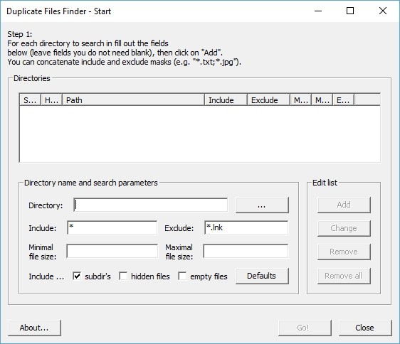 Duplicate Files Finder is an application which searches for duplicate files (files which have the same content, but not necessarily the same name) and lets the user remove duplicate files, either by deleting them or by creating links. The search is very fast compared to other similiar programs which use hashing algorithms (see description of the Duplicate Files Finder algorithm). 