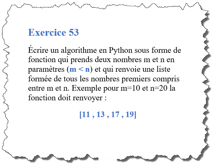 exercice-53-algorithme python qui récupère la liste des nombres premiers contenu dans un segment donné