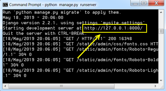 démarrer un projet django via la commande: python manage.py runserver
