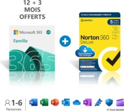 Microsoft 365 Famille - Office 365 apps - jusqu’à 6 utilisateurs - 15 Mois + NORTON 360 Deluxe - PC/MAC, tablette et smartphone
