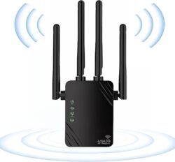 AILKIN 2024 Nouveau Puissant amplificateur WiFi 1200mbpswifi, 5ghz et 2,4ghz Double Bande, Port Gigabit WPS, Dispose de 4 antennes murales percées puissantes, Compatible avec Toutes Les boîtes réseau