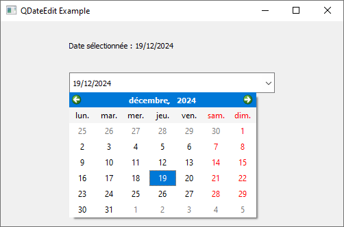 Le Widget QDtaeEdit PyQt5 Python - sélectionner une date