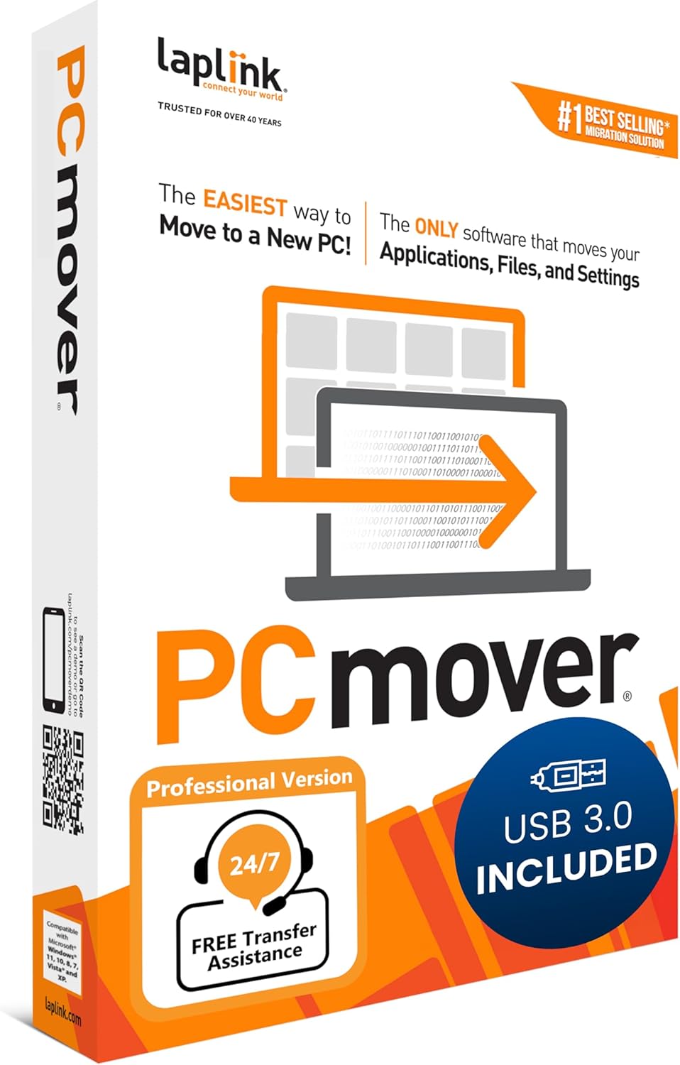 LAPLINK PCmover Professional 11 - Logiciel de Migration, Pour Fichiers, Dossiers & Programmes, Câble USB 3.0 Super Speed 5 Gbps, Automatique