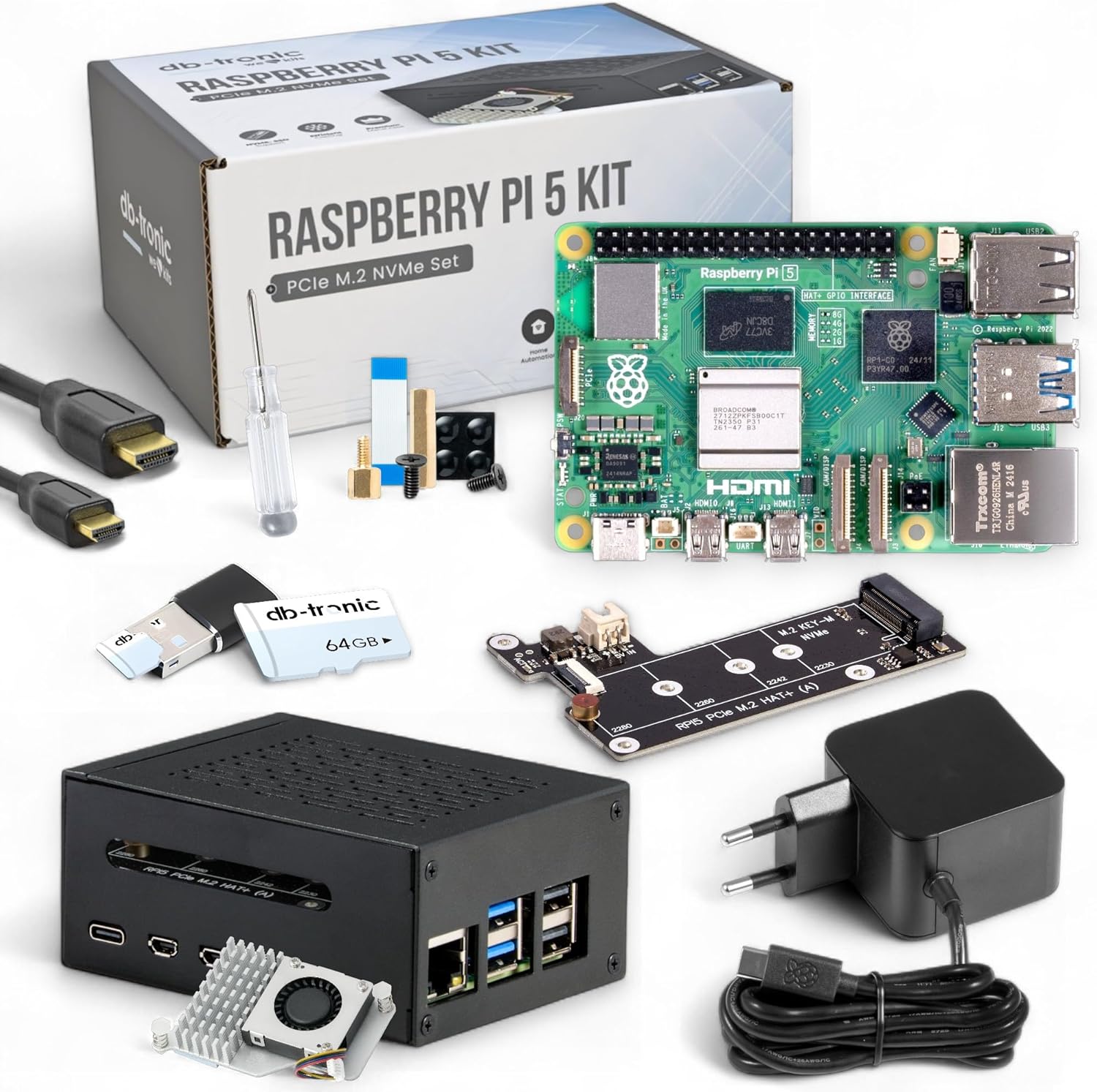 Raspberry Pi 5 8 Go PCIe M.2 NVMe – Kit | Boîtier en métal | Cooler Actif | Carte M.2 NVMe SSD PCIe | Bloc d'alimentation Officiel USB-C 27 W | Carte