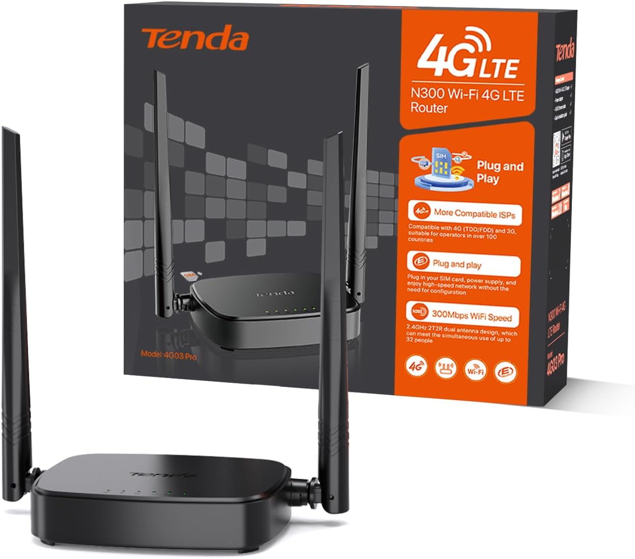 Tenda Routeur 4G, Box 4G WiFi, Routeur SIM LTE 150 Mbps, Modem 4G san Fil, 2.4GHz Wi-FI 300 Mbps, CAT4, 2 Antennes Externe, Fast Ethernet Port LAN/WAN, Nano