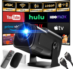 [App intégrée] 2025 Upgraded Vidéoprojecteur 1920 * 1080P FHD 4K Mini Projecteur Portable Dual Contrôle avec Souris Android TV WiFi 6 BT5.2 180° Rotation Compatible avec HDMI/TV Stick/USB