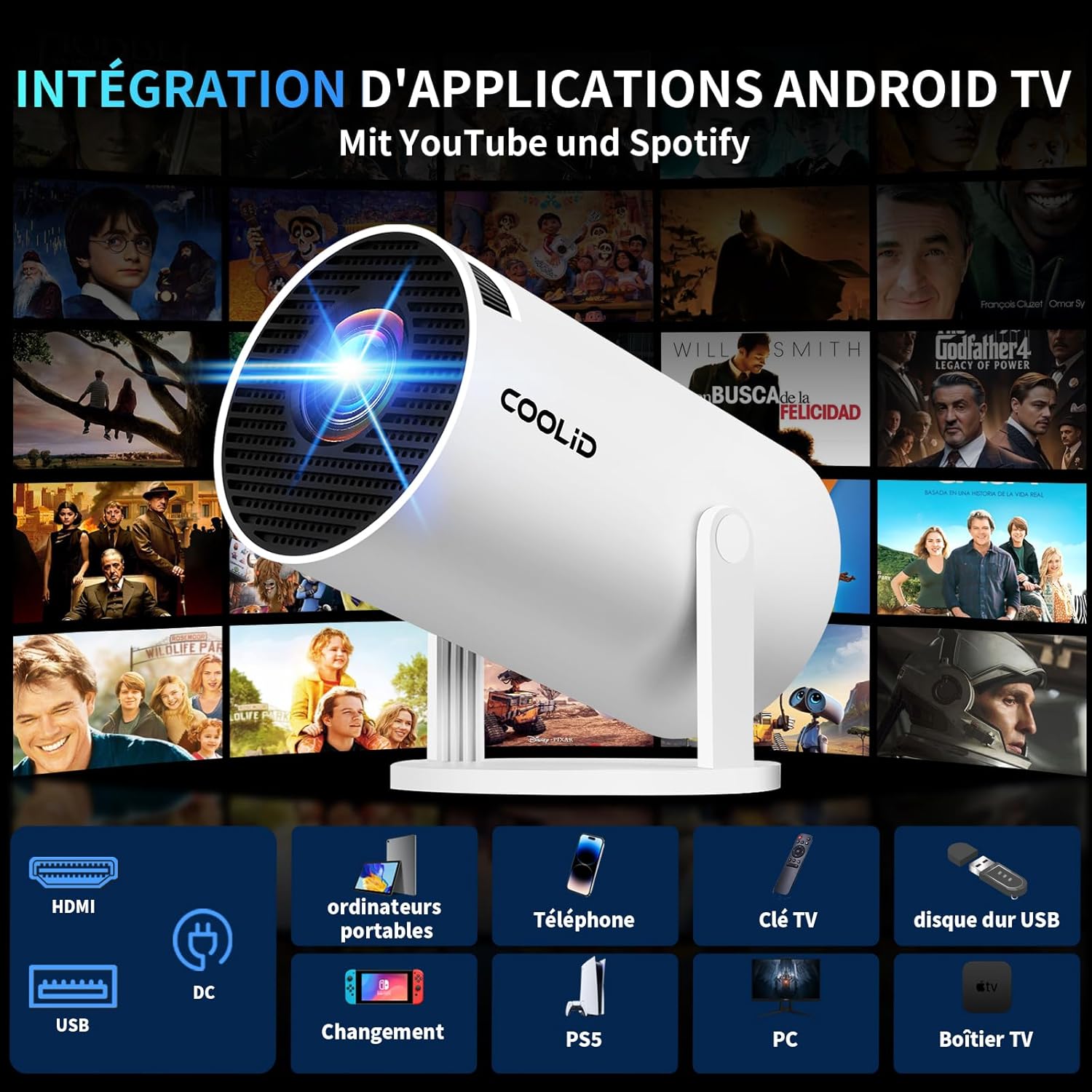 Mini Vidéoprojecteur de marque coolid, haute performance, Projecteur Supporte 4K/1080P avec 5G WiFi 6 Et BT 5.4 Soutien Rotation 270° Portable Projecteur Video Applicable Laptop/HDMI/TV Stick/Home,Blanc
