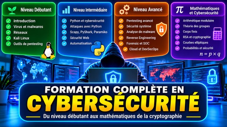 apprendre la cybersécurité du niveau débutant jusqu'au expert, pentesting avancé, white hack, malware, virus, menace et attaque